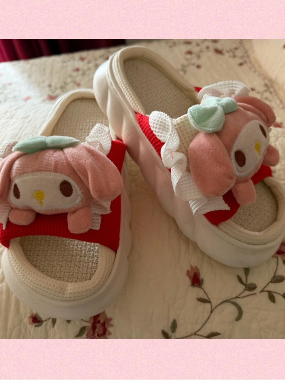 Woman My Melody Plush Character Slide Sandals - Pink & Red